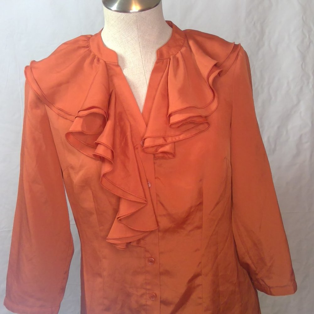 Burnt Orange Big Asymmetrical Ruffle Collar 3/4 Sleeve Blouse
